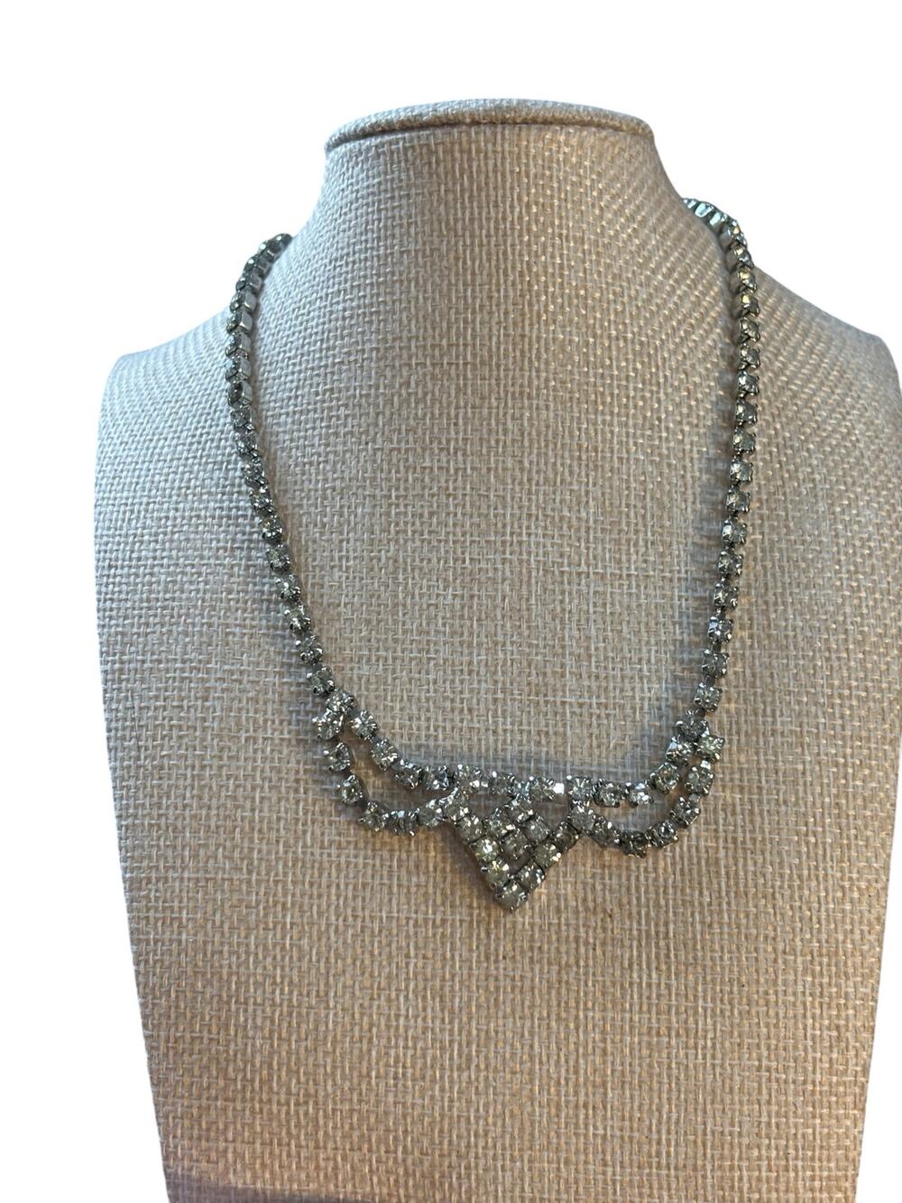 Vintage Rhinestone Necklace Silver Tone Clear Crystal Draped Statement 18”